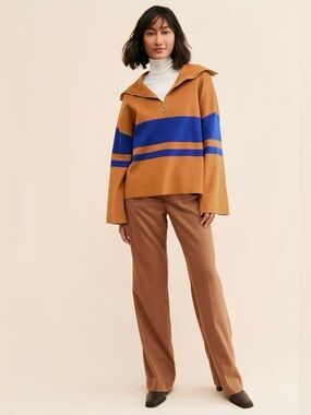 Callahan Teddy Zip Up Bell Sleeve Stripe Sweater Chestnut Brown Royal Blue Small